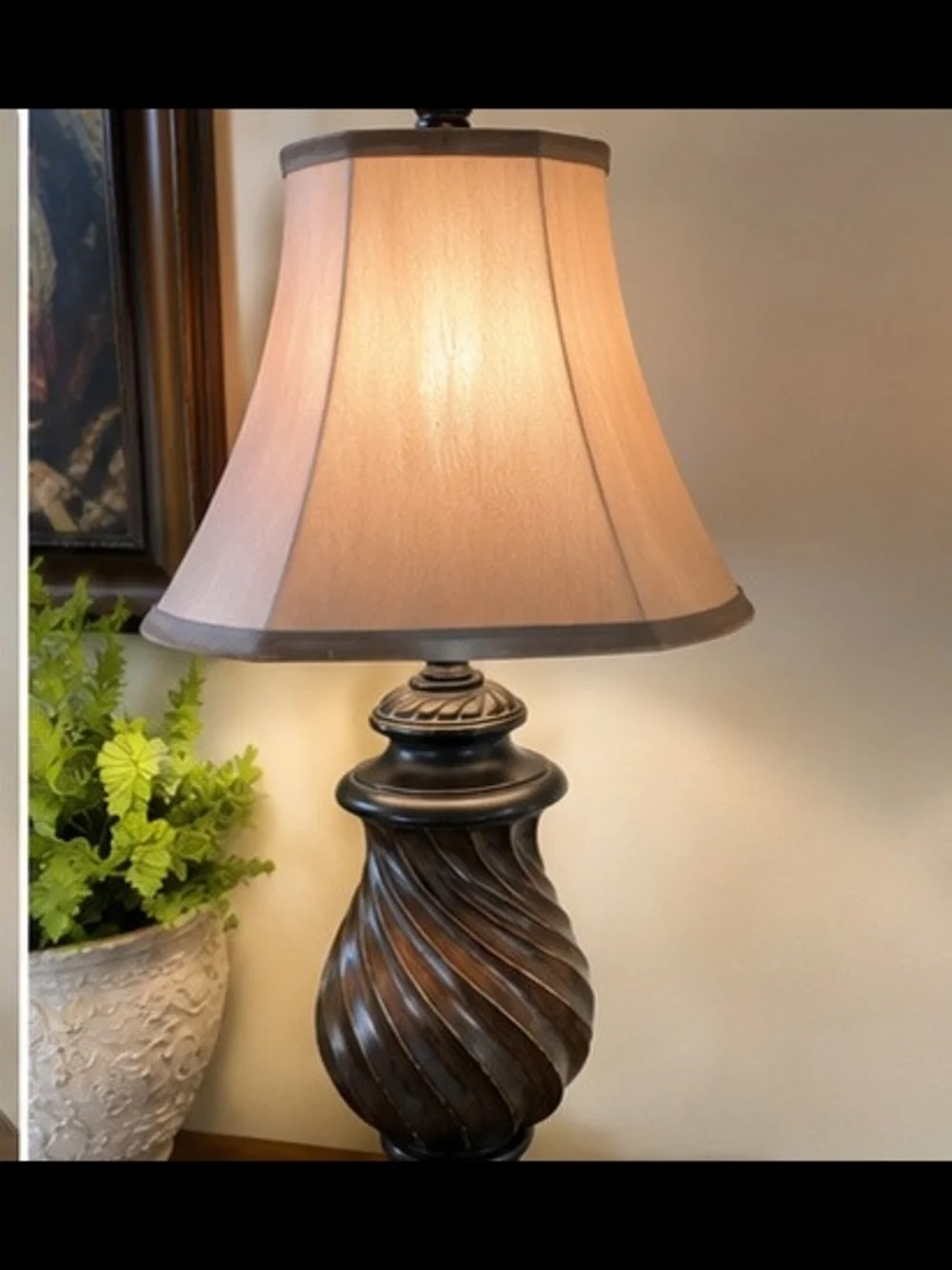 Classic Swirl Table Lamp Pair in Dark Bronze with Beige Shades